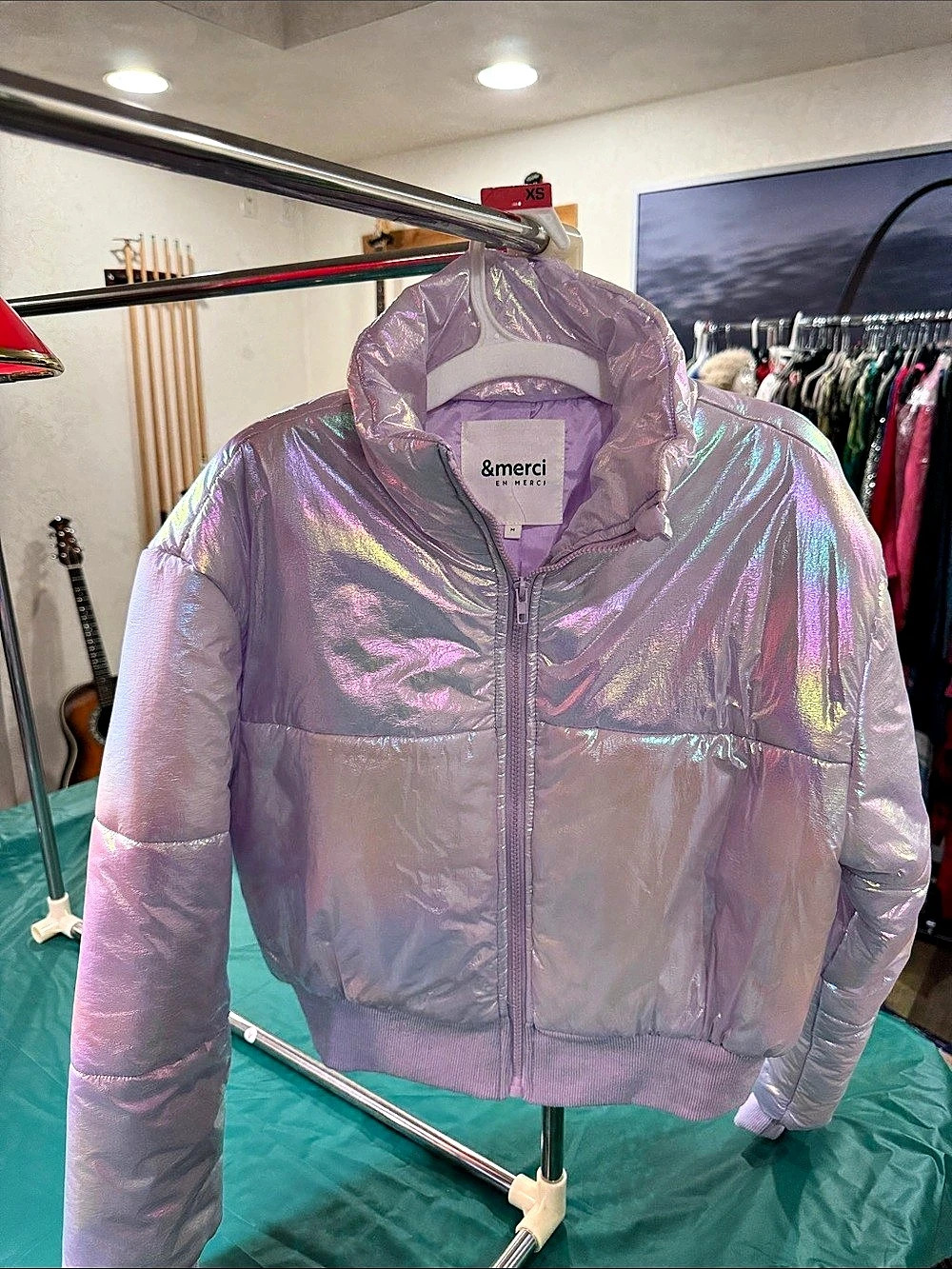 &merci & Iridescent Puffer Jacket in Purple Size Medium